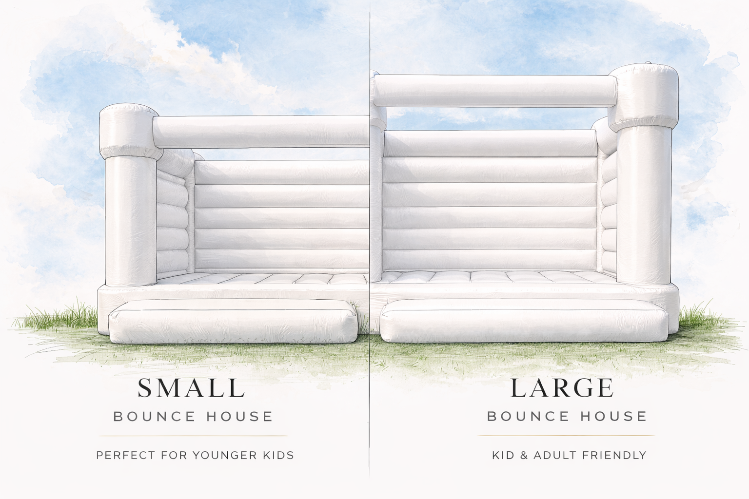Small and large white bounce house rental size comparison for Fort Wayne parties
